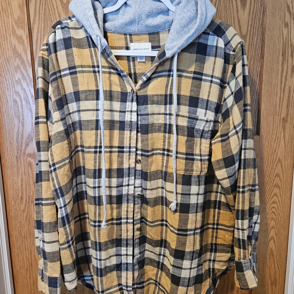 American Eagle Outfitters Yellow and Black Plaid Flannel Hoodie
